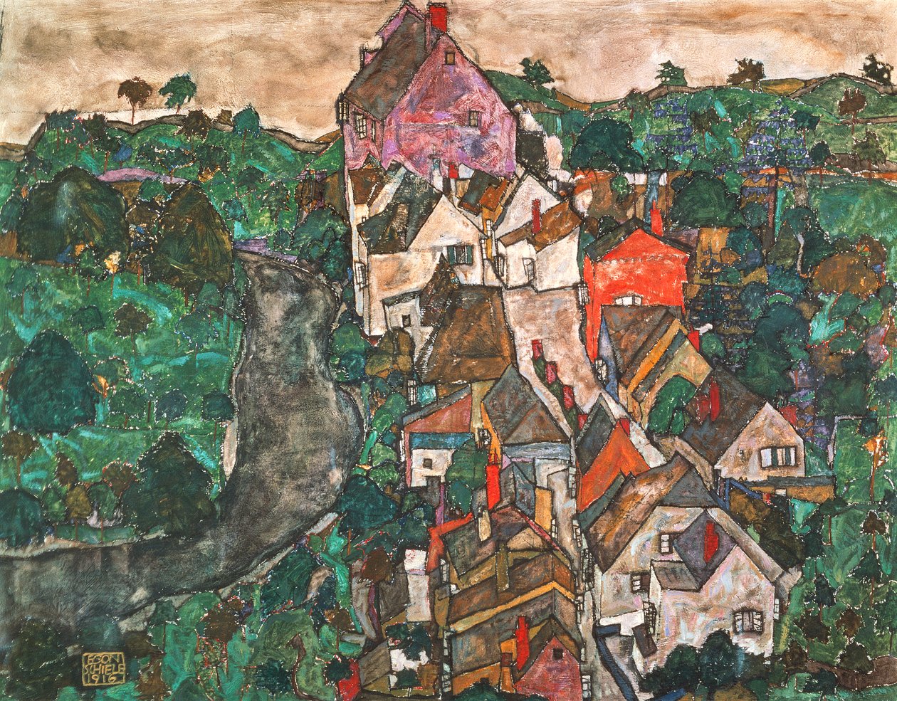 Landschap bij Krumau door Egon Schiele