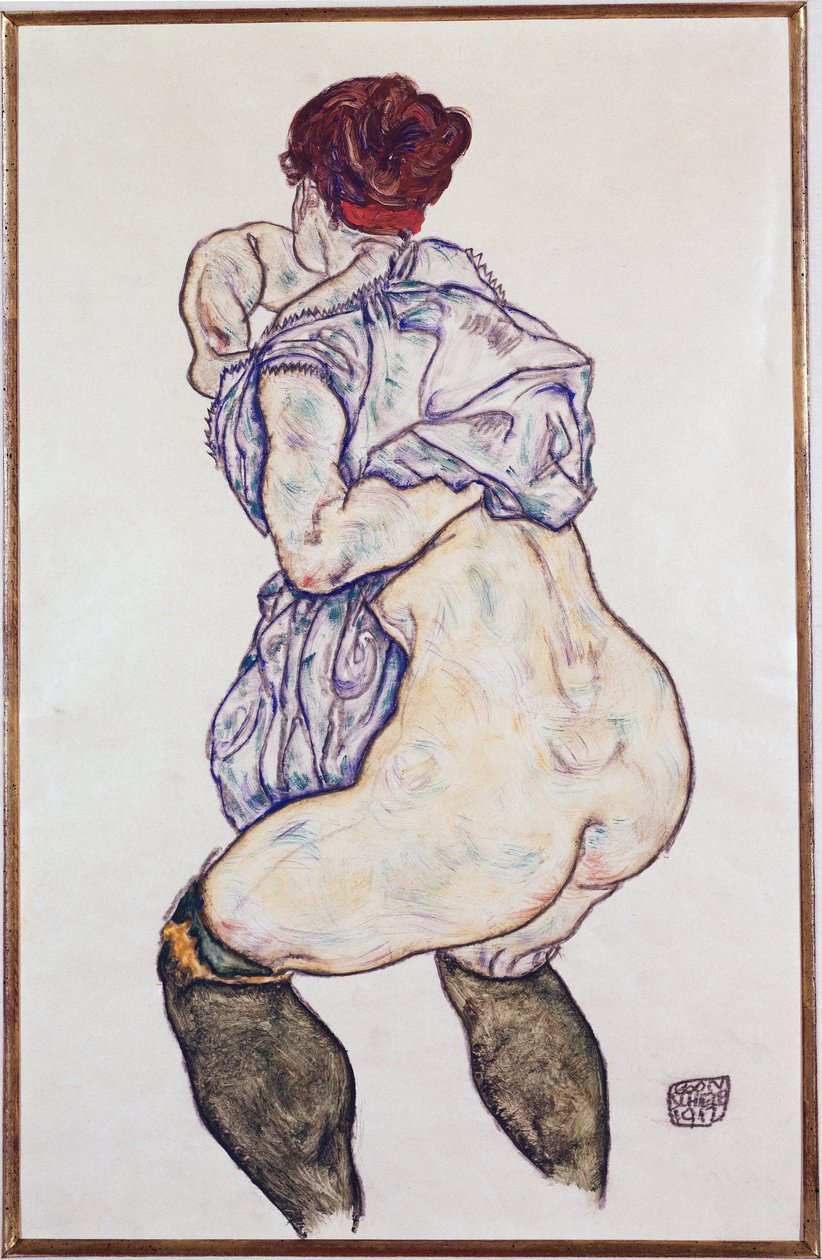 Mevrouw Halbakt met Groene Kousen, 1917 door Egon Schiele