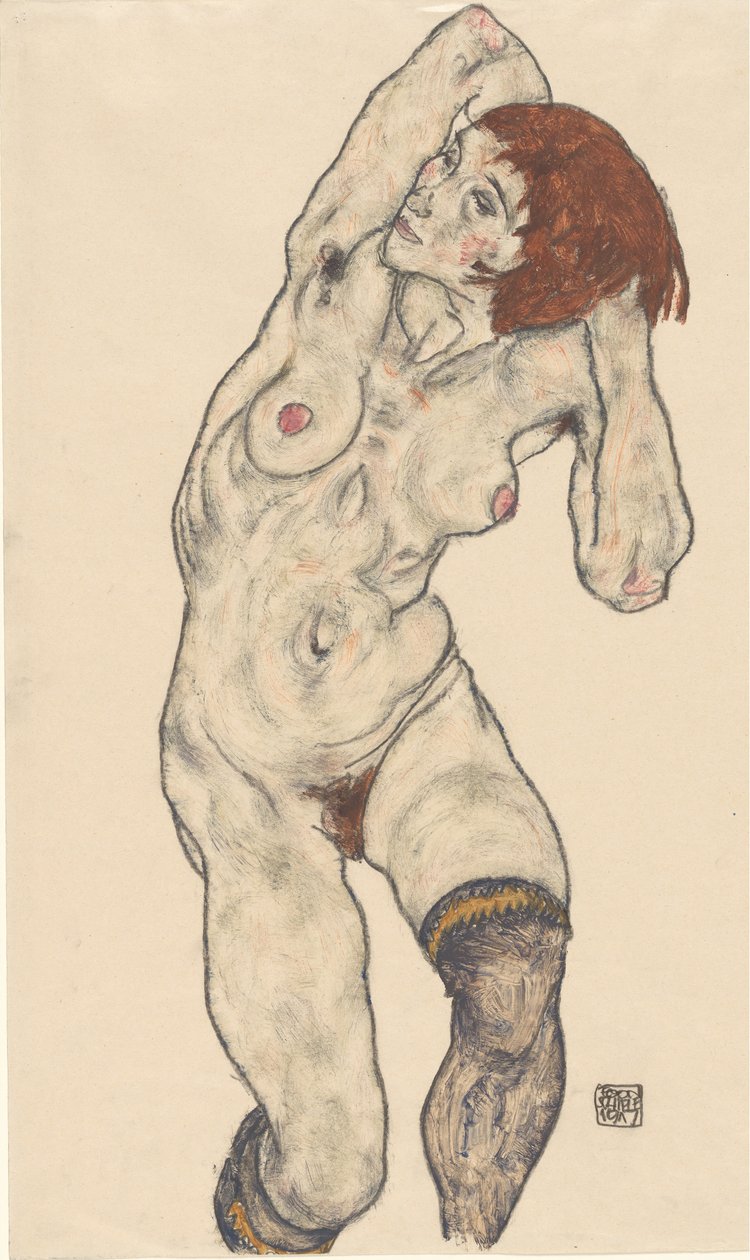 Naakt in zwarte kousen, 1917 door Egon Schiele