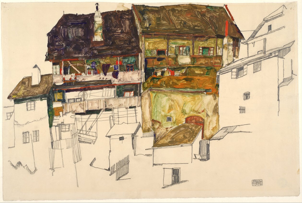 Oude huizen in Krumau door Egon Schiele