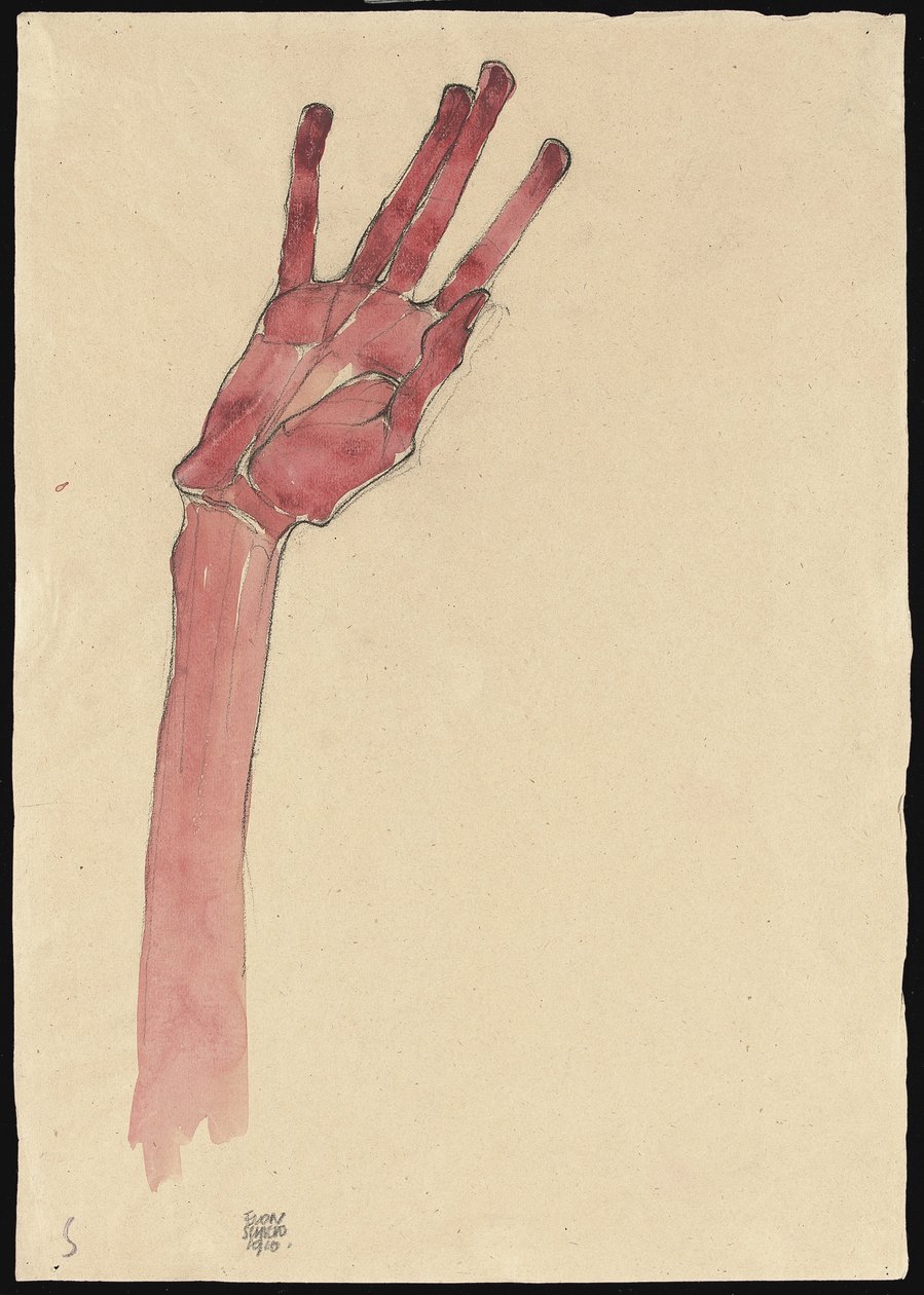 Opgeheven rode hand, 1910 door Egon Schiele