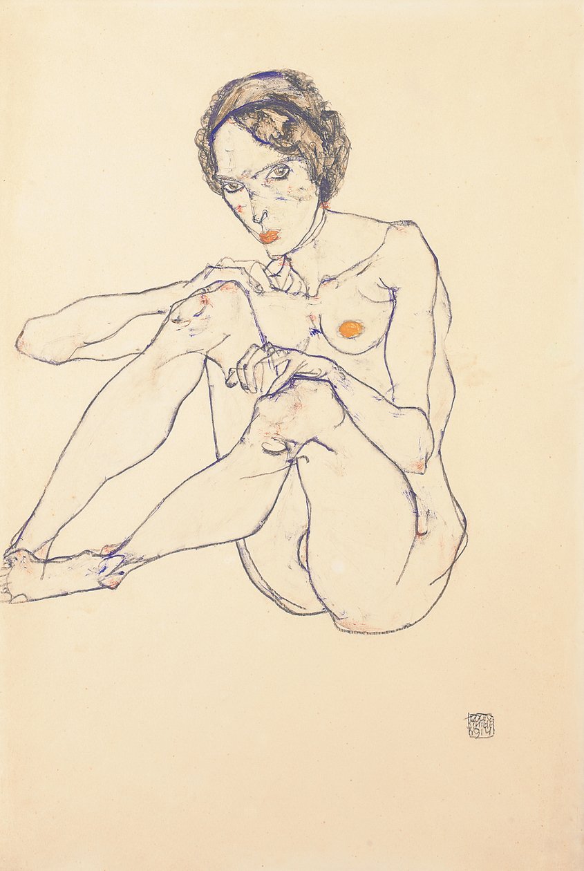 Zittende vrouwelijke naakt, 1914 door Egon Schiele