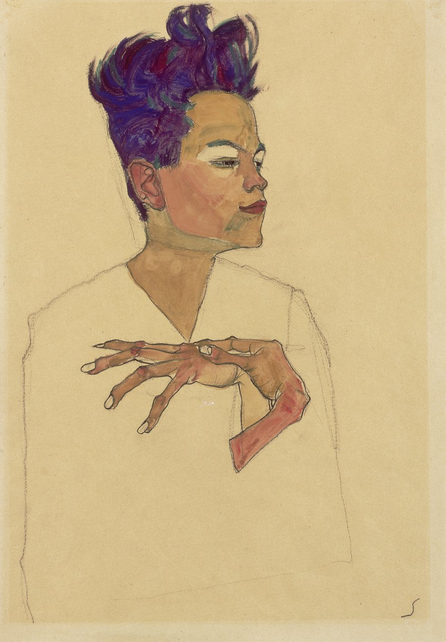 Zelfportret met handen op de borst, 1910 door Egon Schiele