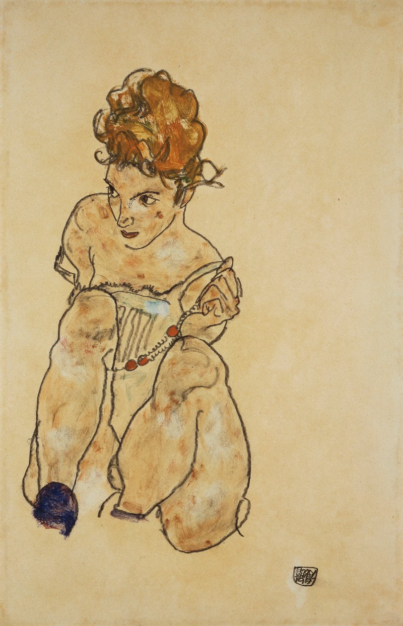 Zittend Meisje in Ondergoed, 1917 door Egon Schiele