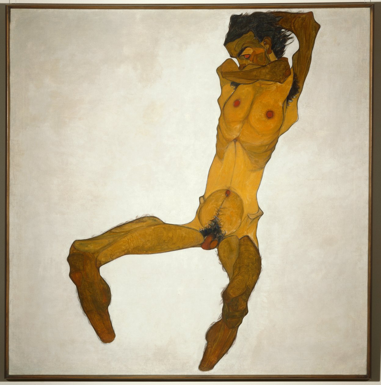 Sitzender Männerakt ... (olieverf en aquarel op doek) door Egon Schiele