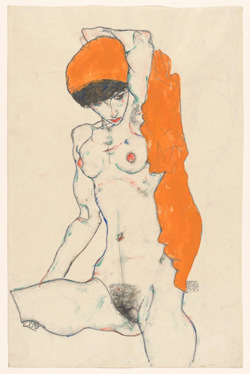 Staande naakt met oranje draperie, 1914 door Egon Schiele
