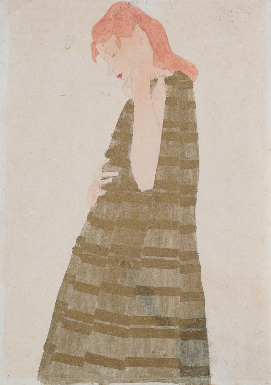 Staande vrouw in een gouden jurk door Egon Schiele