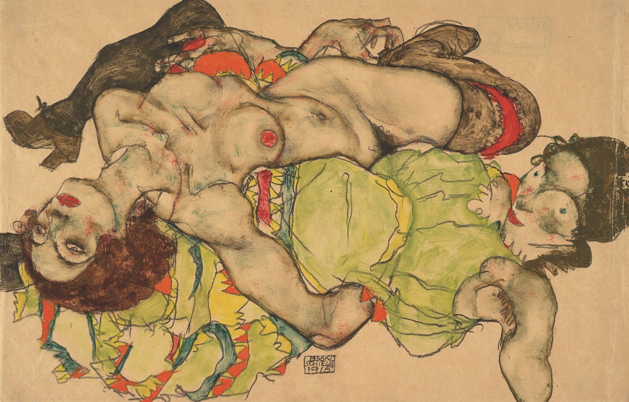 Twee meisjes liggend verstrengeld, 1915 door Egon Schiele