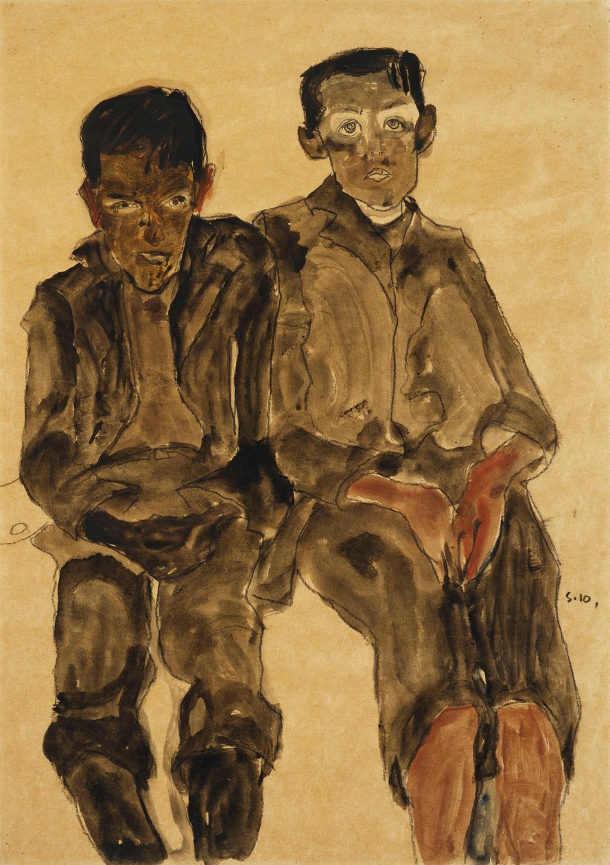 Twee zittende jongens, 1910 door Egon Schiele