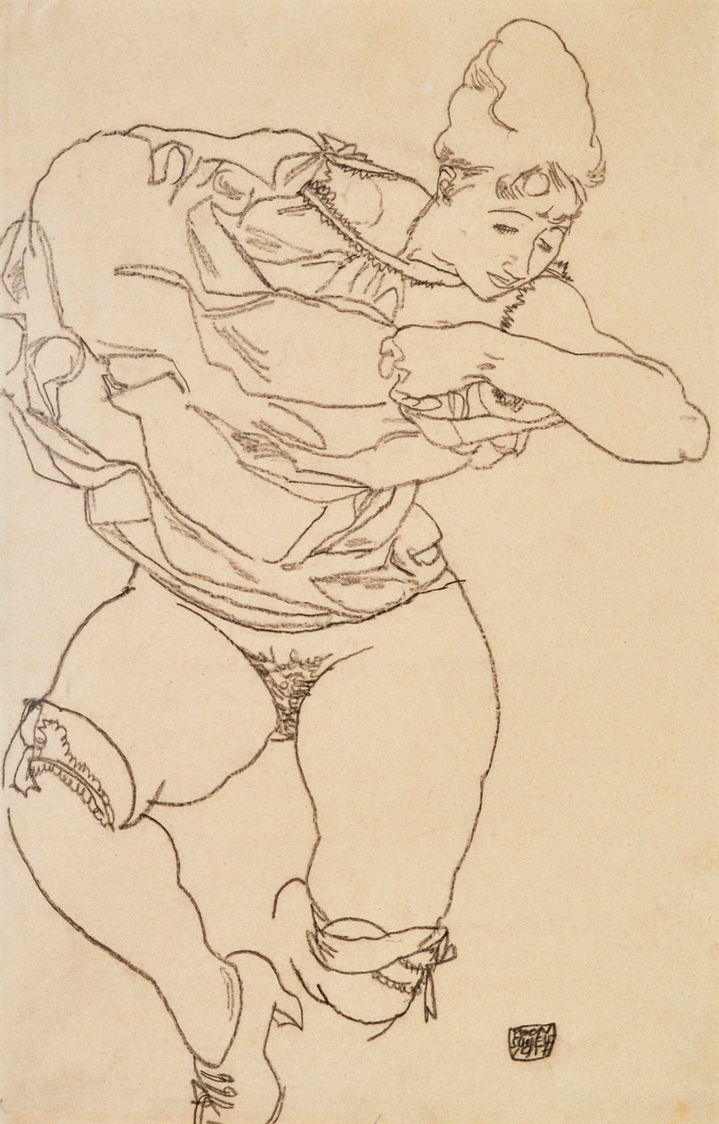 Vrouw die zich uitkleedt, 1917 door Egon Schiele