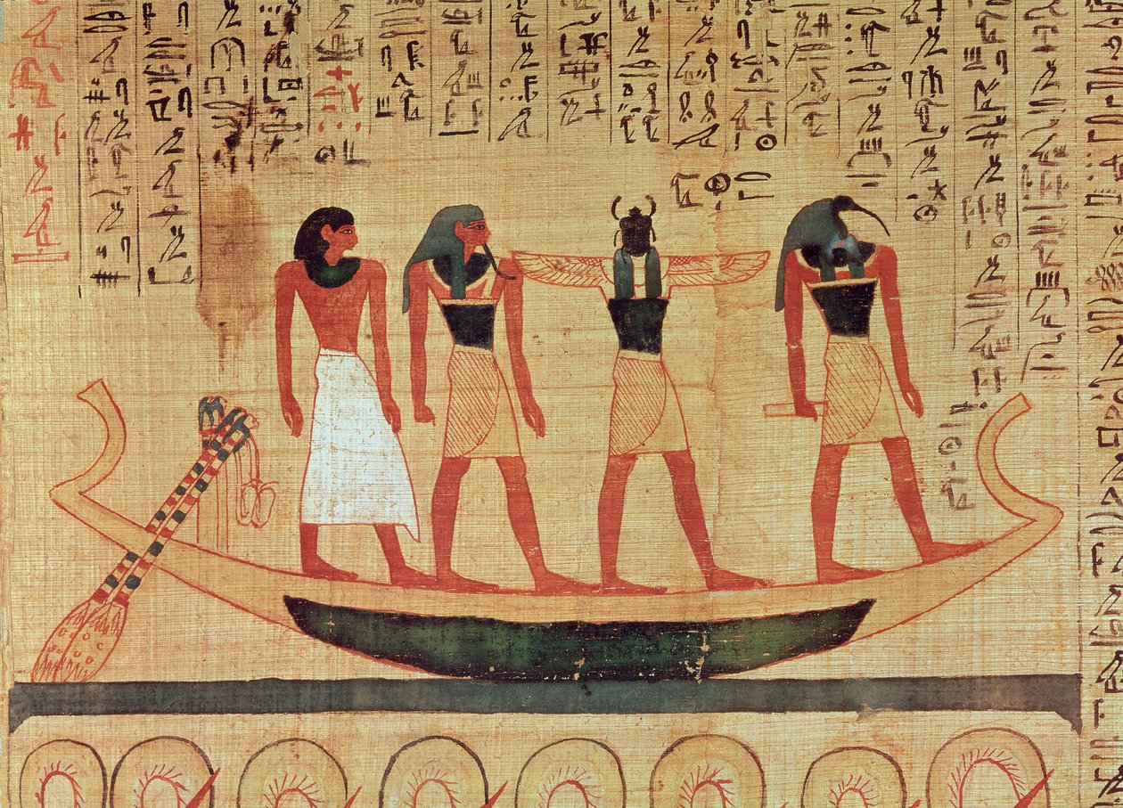 Papyrus met een man die door Thoth, Khepri en een andere god op een bark naar het hiernamaals wordt vervoerd door Egyptian