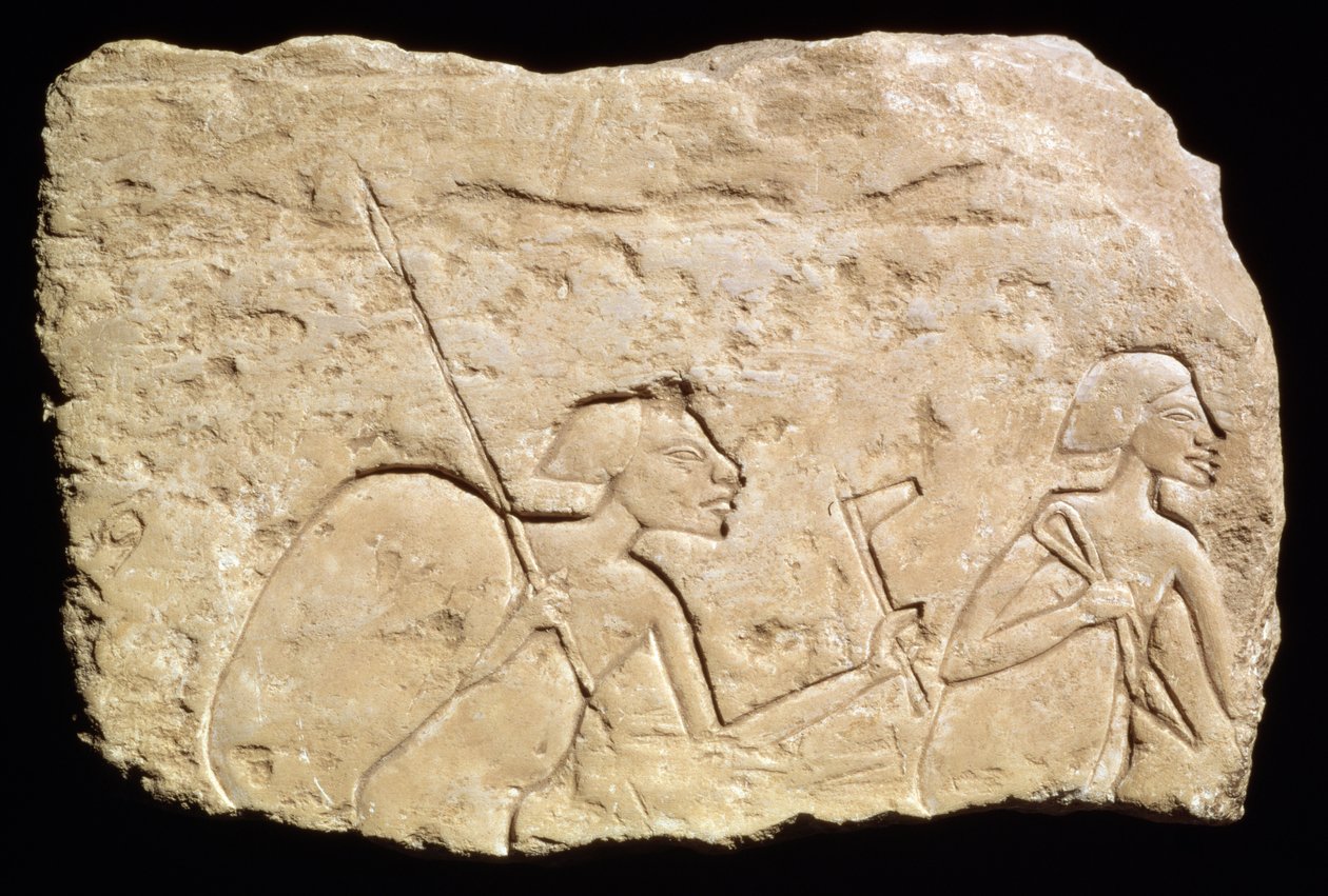 Reliëf met twee soldaten, Nieuwe Rijk, ca. 1353-1335 v.Chr. door Egyptian 18th Dynasty