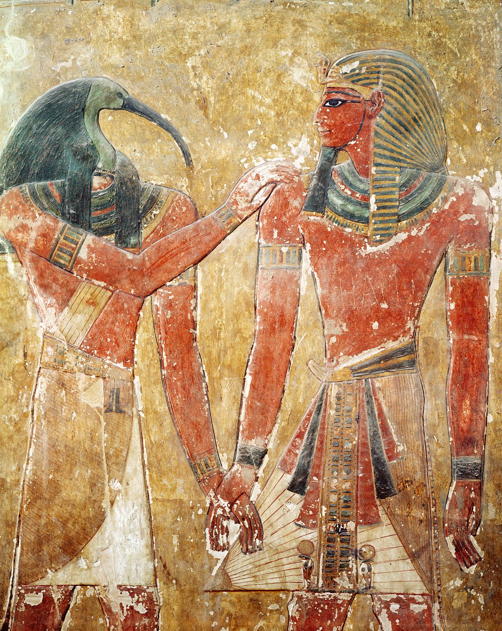 De god Thoth met Seti I (1394-1279 v.Chr.) in het graf van Seti I, Nieuwe Rijk door Egyptian 19th Dynasty