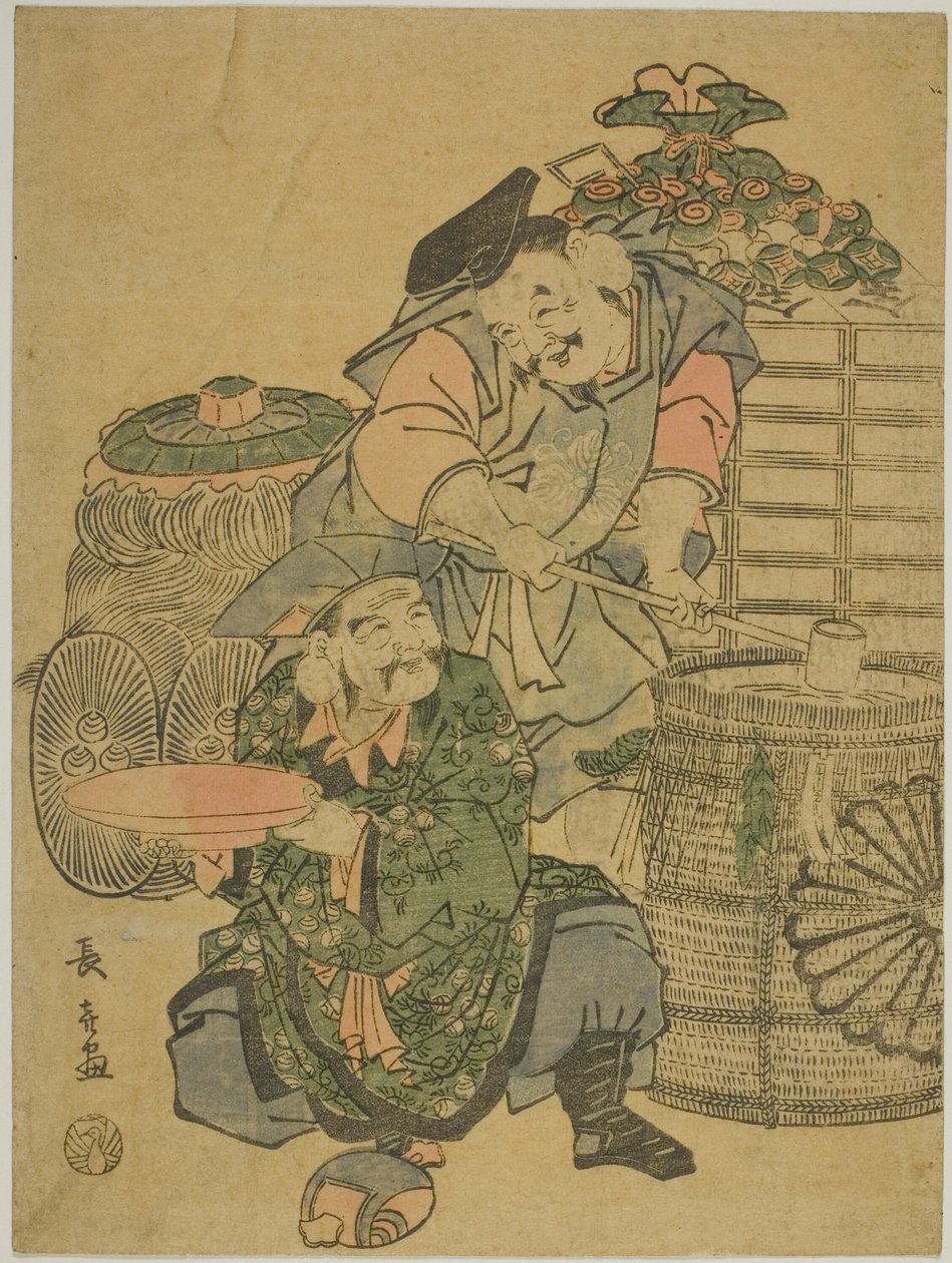 Ebisu en Daikokuten proeven sake door Eishōsai Chōki
