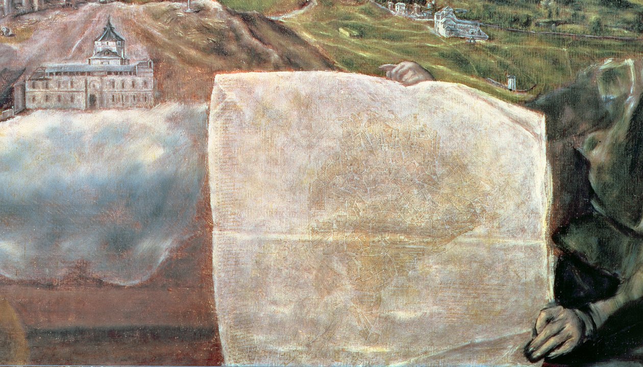 Zicht en kaart van de stad Toledo (detail) door El Greco