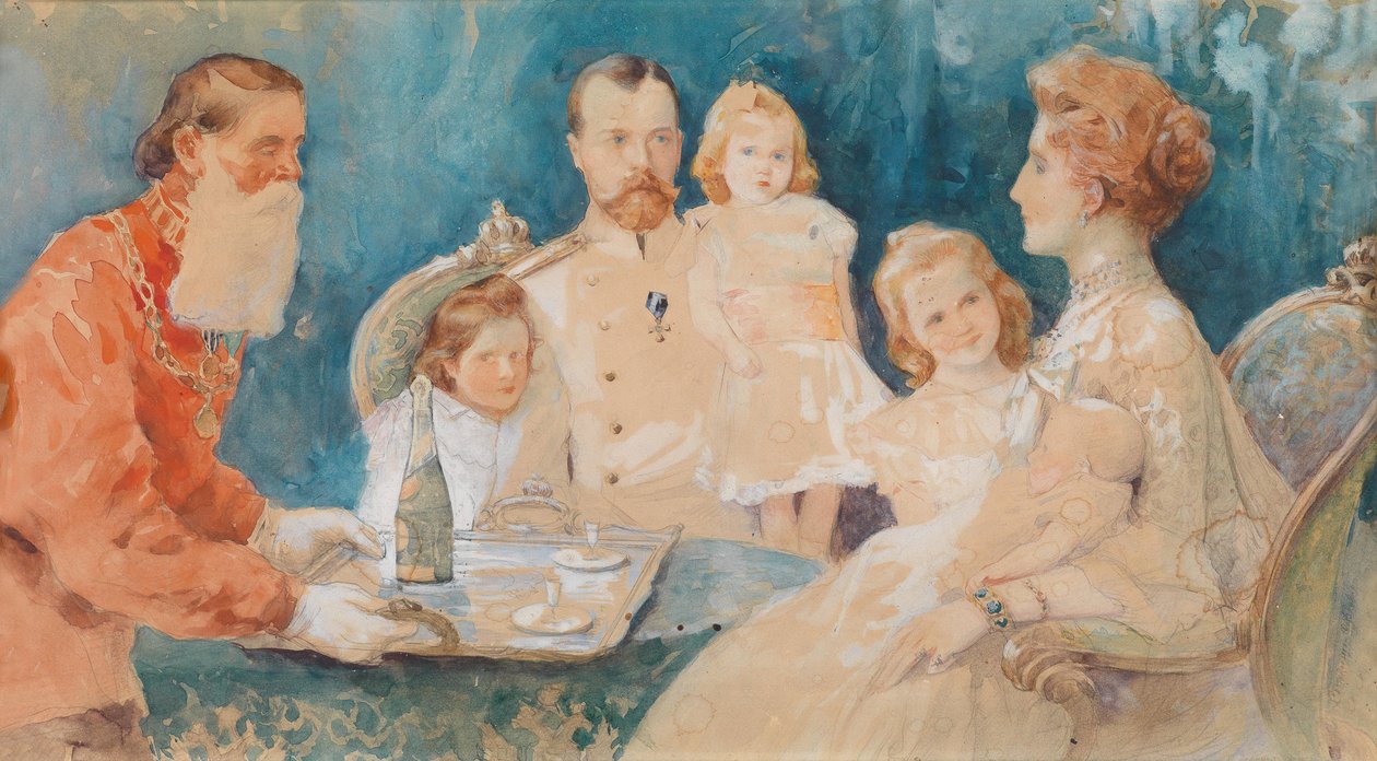 Tsaar Nicolaas II en Tsarina Alexandra Fjodorovna met hun dochters Olga, Tatiana, Maria en Anastasia (als baby) door Elena  Samokich Soudkovskaïa