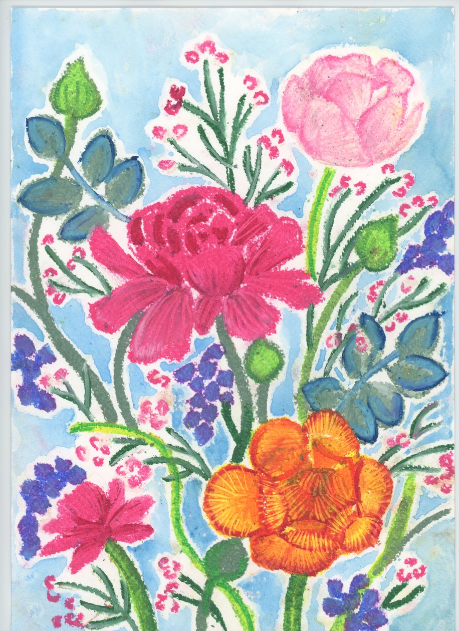 Boeket van ranonkels, 2018 (oliepastel) door Elizabeth Rider