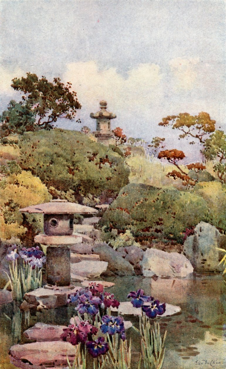 Een tuin in Tokio (kleurenlitho) door Ella Du Cane