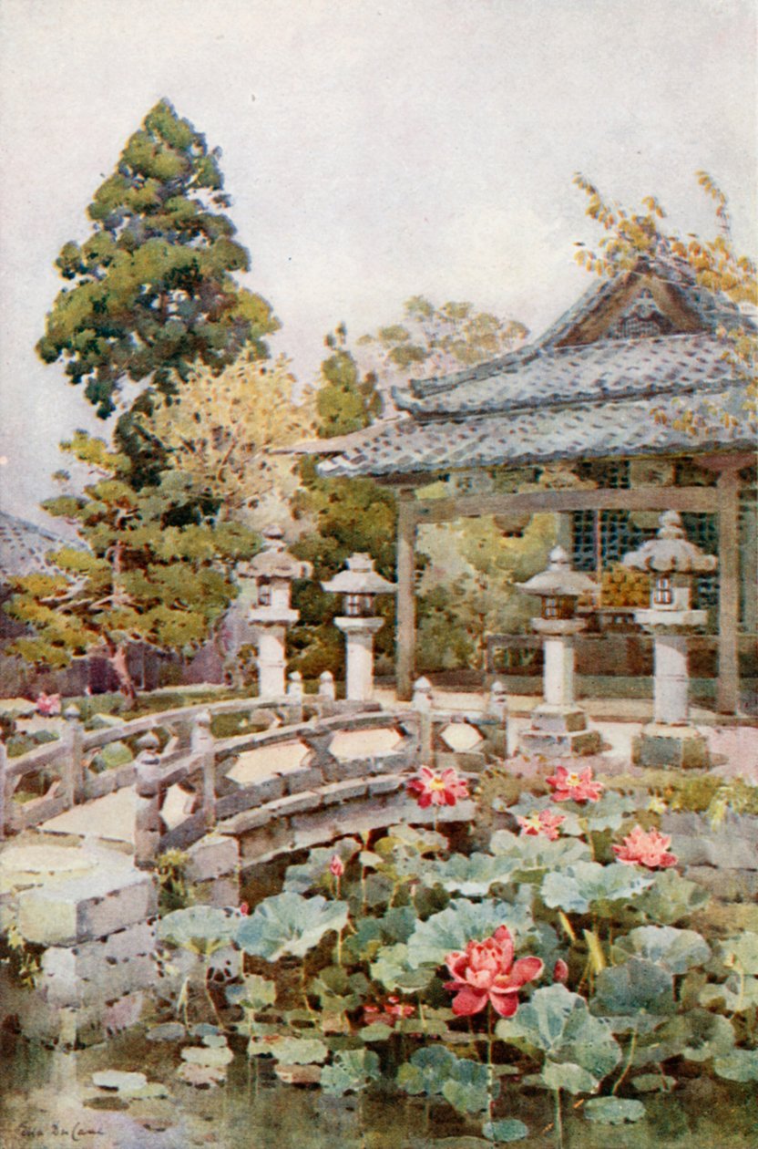 Lotus bij Kyomidzu (kleurenlitho) door Ella Du Cane