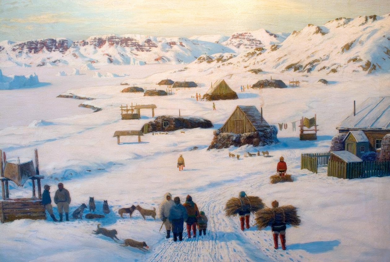 Winterse Inuit-nederzetting door Emanuel A. Petersen