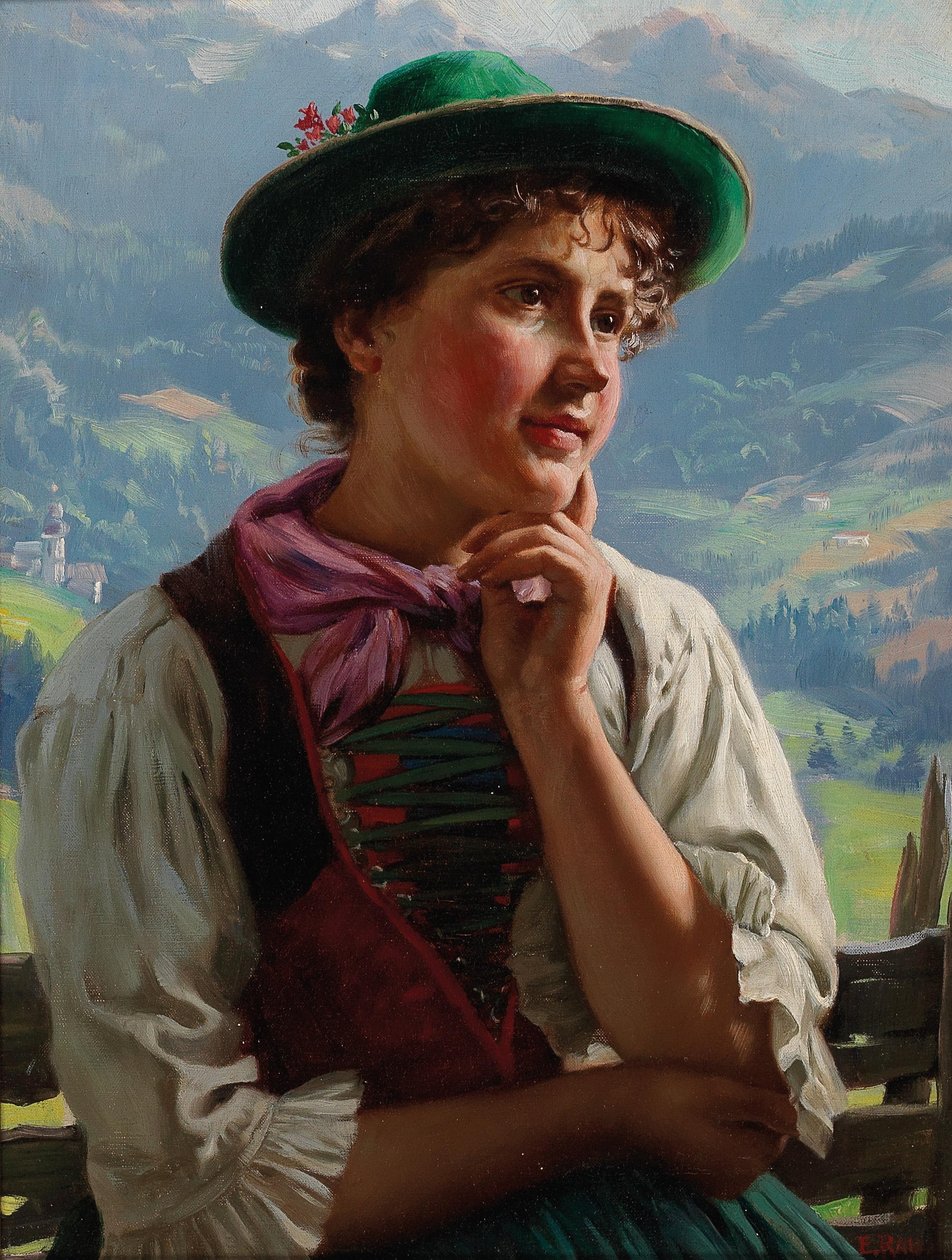 Meisje in traditionele klederdracht in een Alpenlandschap door Emil Rau