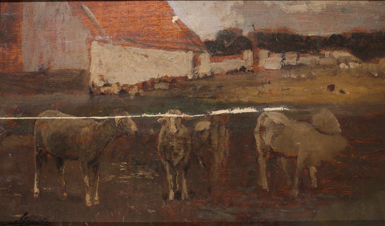 Dorp landschap met schapen door Emil Jakob Schindler