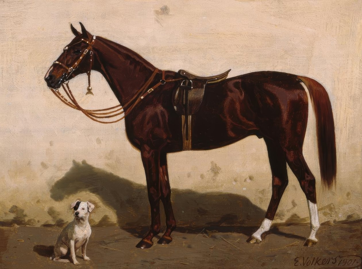 Gezadelde vos met hond door Emil Volkers