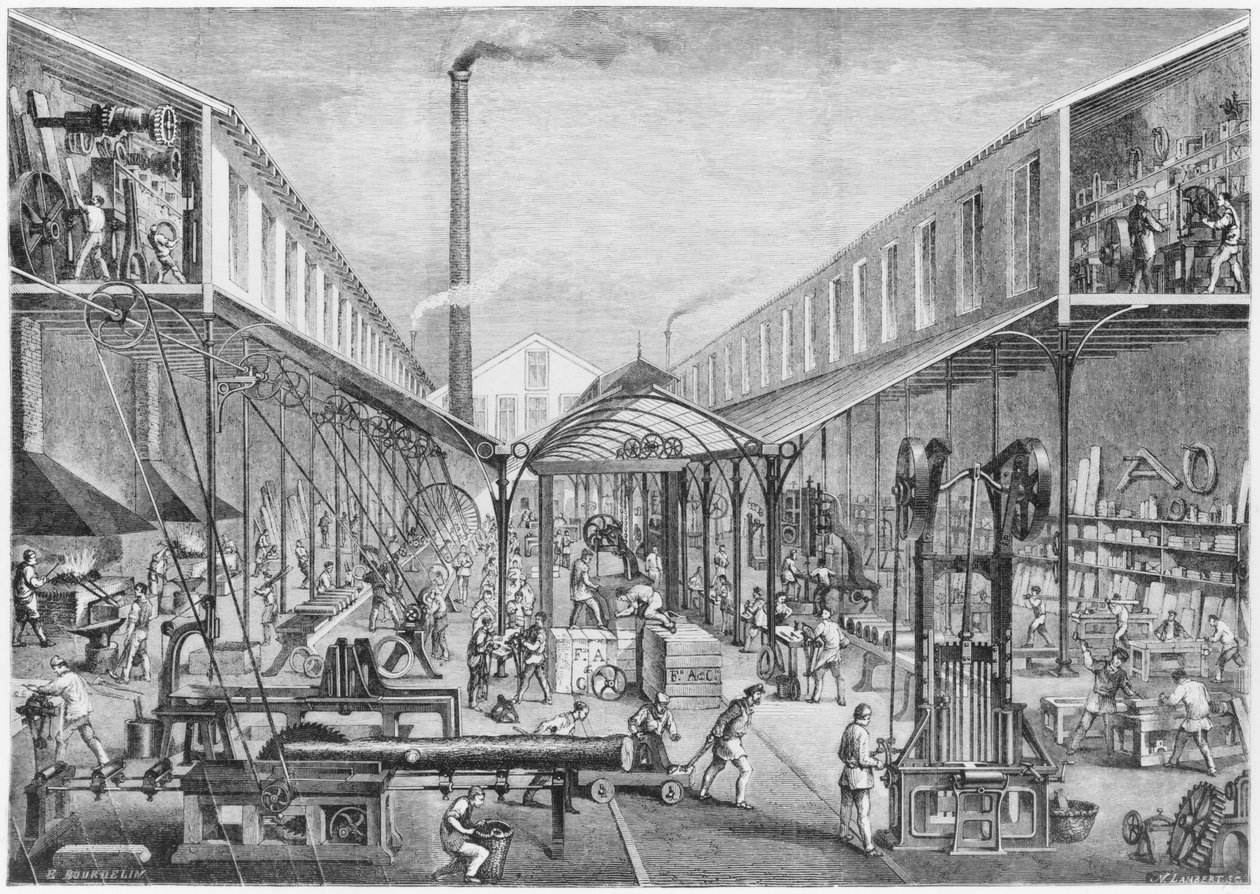 Grote industrieën, werkplaatsen van constructie, zagerij en werktuigmachines bij de Arbey Company door Emile Bourdelin