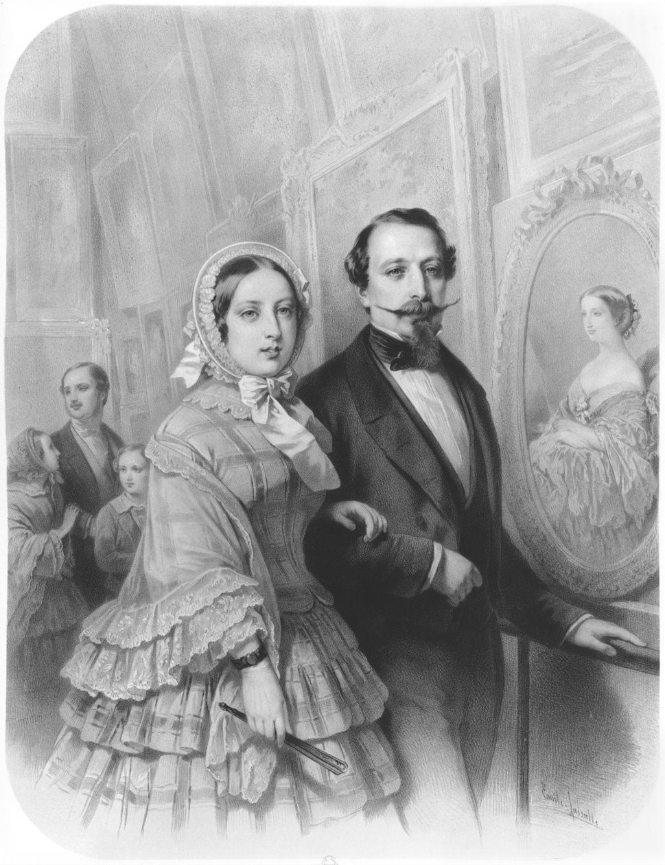 Koningin Victoria en Napoleon III Keizer van Frankrijk, bezoeken de kunstgalerij van de Universele Tentoonstelling in Parijs op 20 augustus 1855 (naar H. Holfeld 1804-1872) door Emile Lassalle