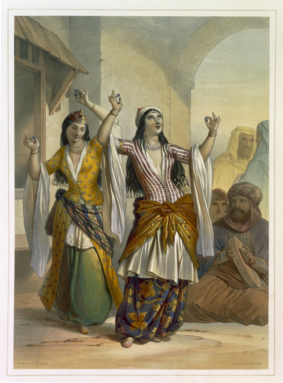 Egyptische danseressen voeren de Ghawazi uit in Rosetta, illustratie uit 