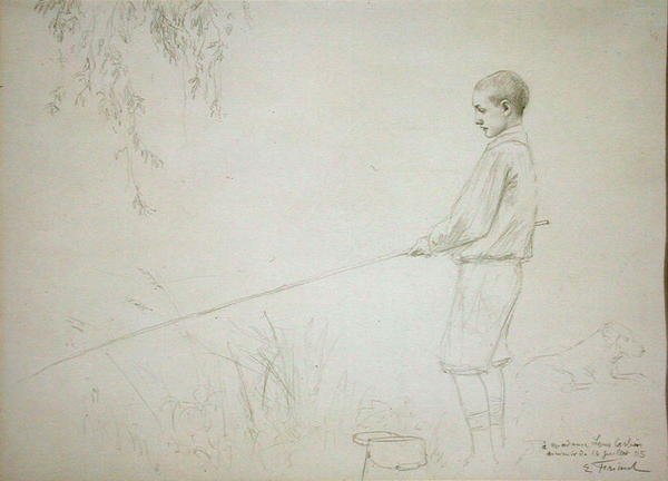 Jonge jongen aan het vissen door Emile Friant