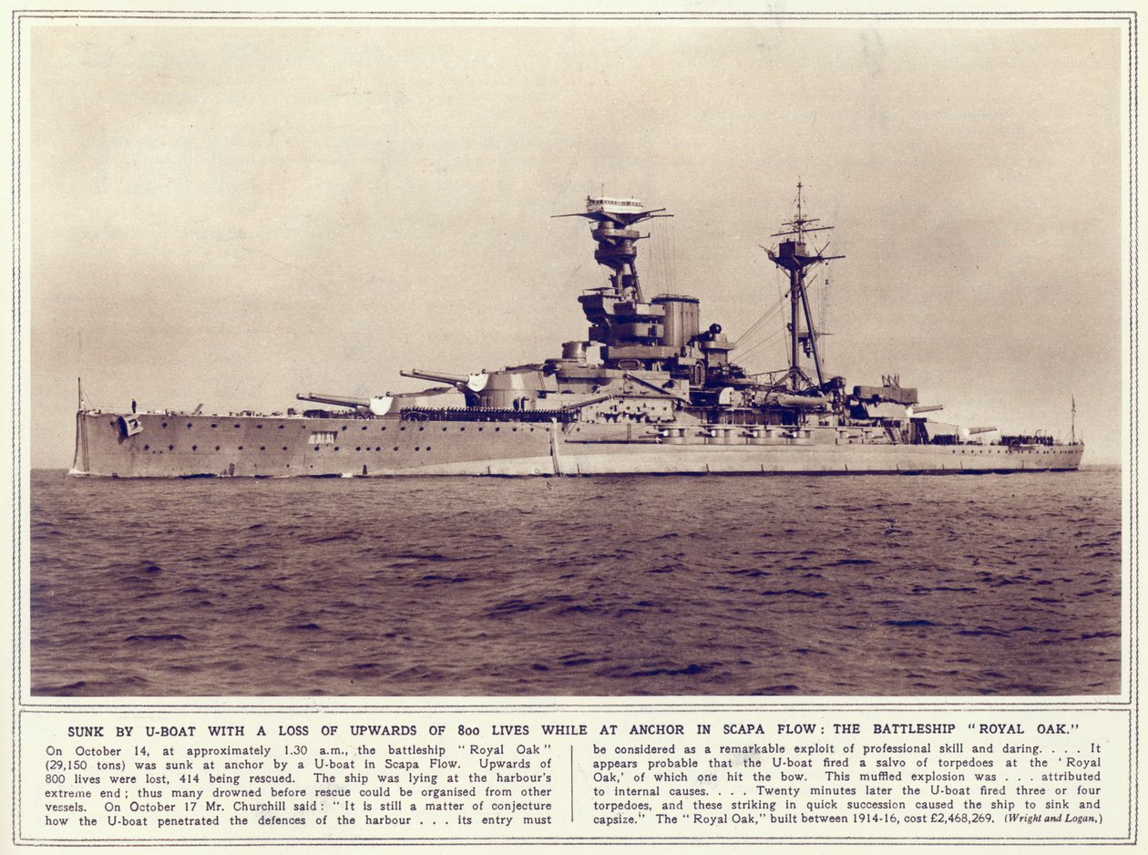Het slagschip, Royal Oak, uit The Illustrated War News, gepubliceerd op 1 november 1939 door English Photographer