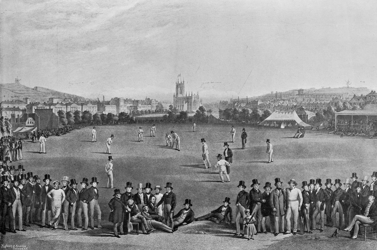 De cricketwedstrijd tussen Sussex en Kent in Brighton, uit een prent oorspronkelijk gepubliceerd in 1849, uit Beroemde Cricketers en Cricketvelden, uitgegeven door Hudson en Kearns, 1895 door English Photographer