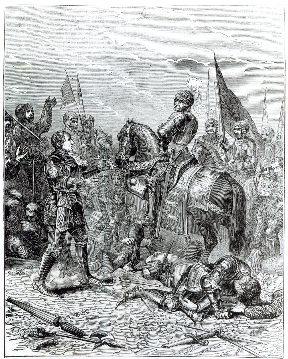 Slag bij Bosworth Field: Lord Stanley brengt de kroon van Richard III (1452-1485) naar Richmond, 22 augustus 1485 door English School