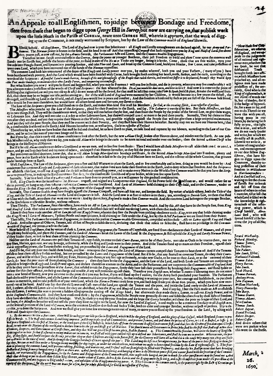 Broadsheet oproep aan Diggers, gepubliceerd 1650 door English School