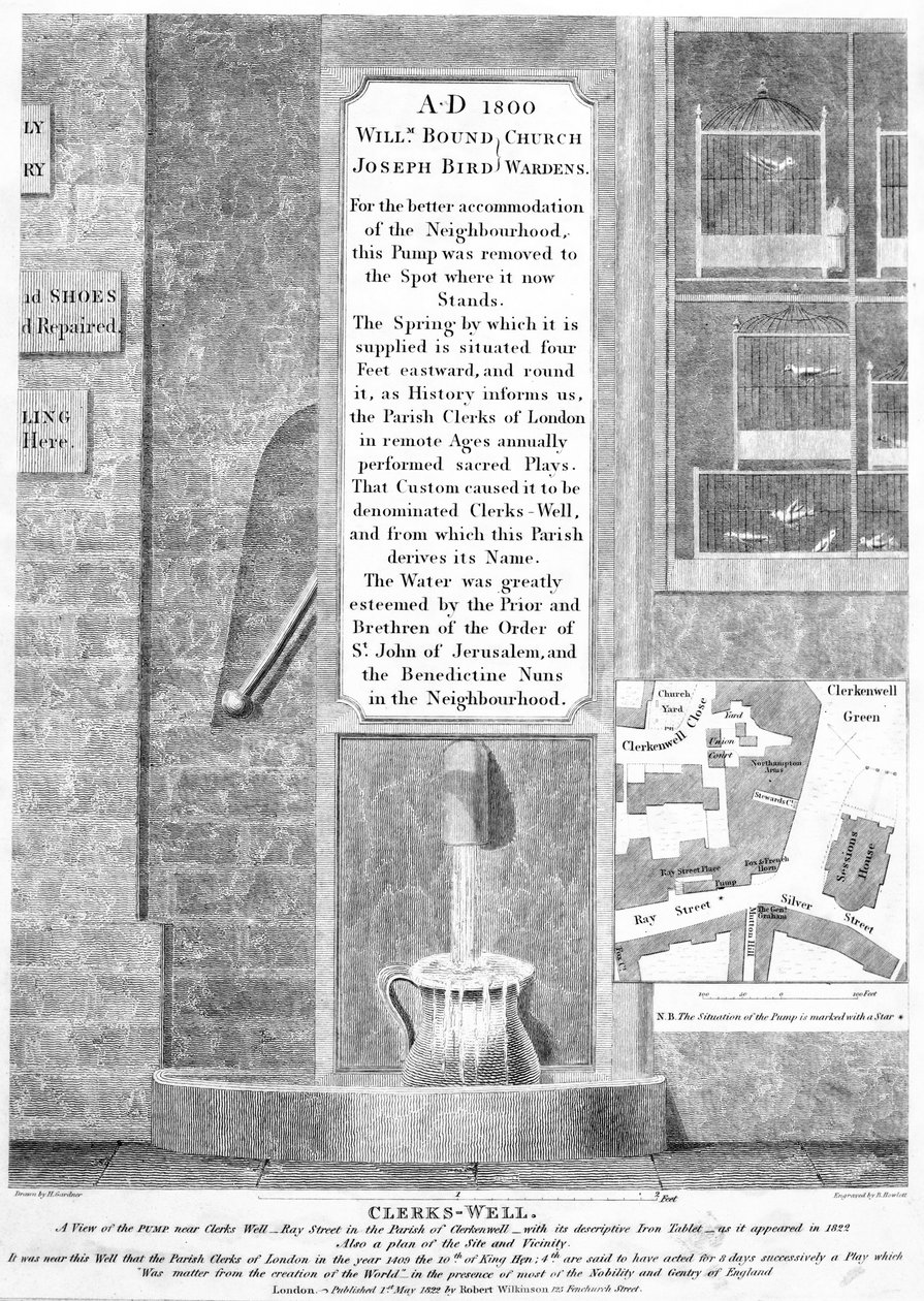 Clerks-Well, Clerkenwell, Londen, gepubliceerd 1822 door English School