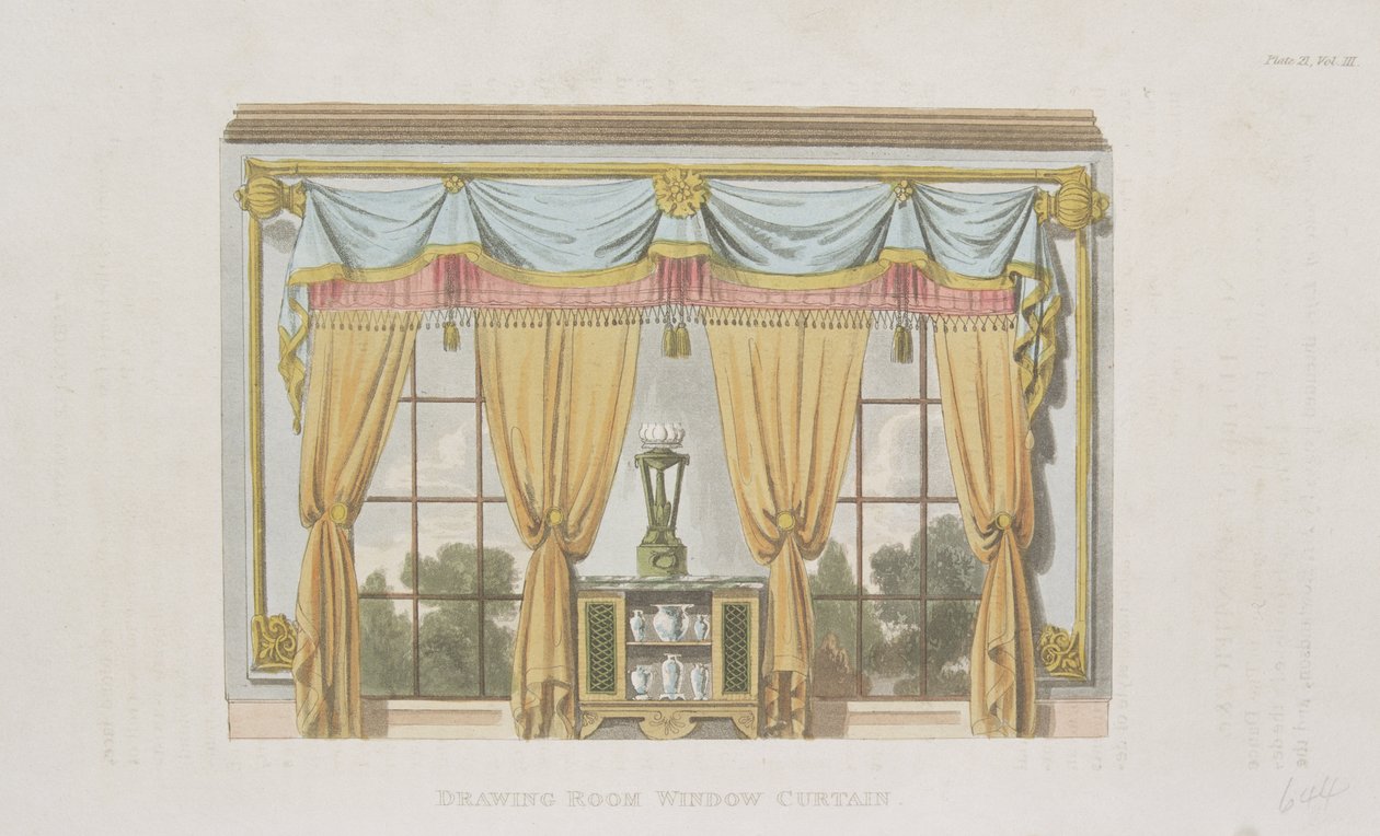 Salon raamgordijn, plaat 93 uit Ackermanns Repository of Arts, gepubliceerd 1817 door English School