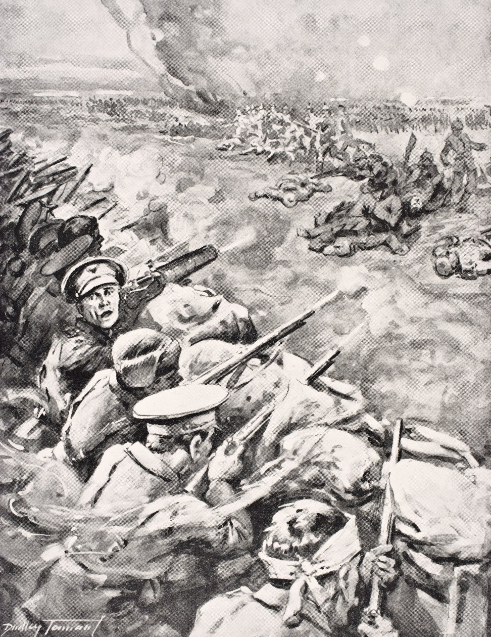 Duitse troepen bestormen Britse loopgraven, 1915, uit 