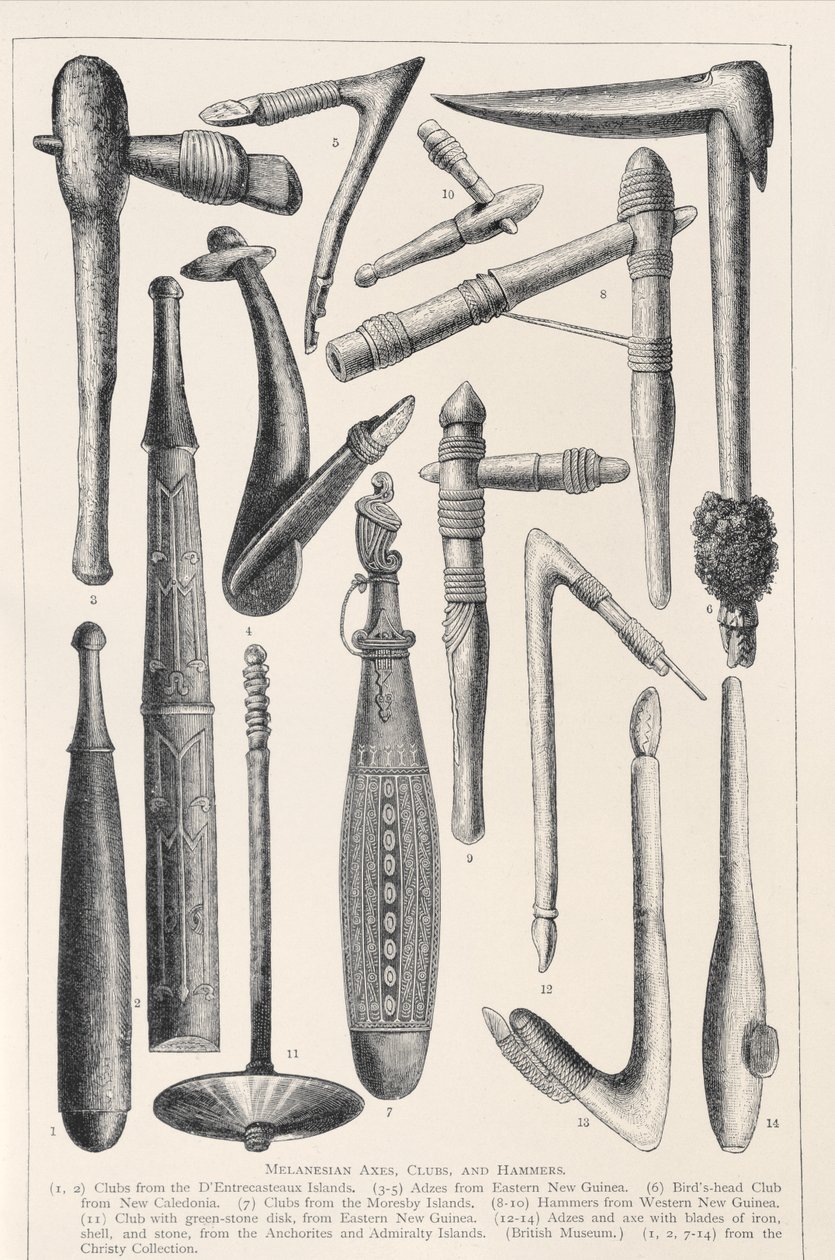 Melanesische Bijlen, Knuppels en Hamers, uit De Geschiedenis van de Mensheid, Deel 1, door Prof. Friedrich Ratzel door English School
