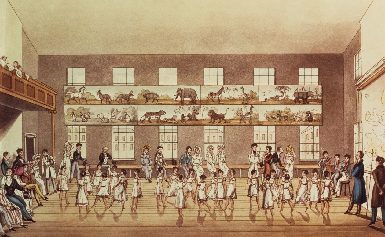 Mr Owens Instituut, New Lanark (Quadrille Dansen), gegraveerd door George Hunt, uitgegeven 1825 door English School