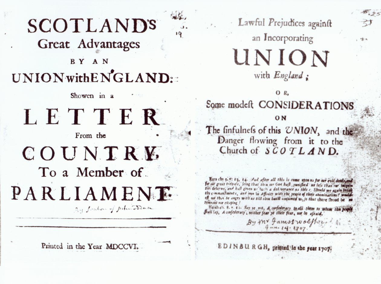 Pamfletten die beide kanten van het Anglo-Schotse uniedebat tonen, 1707 door English School