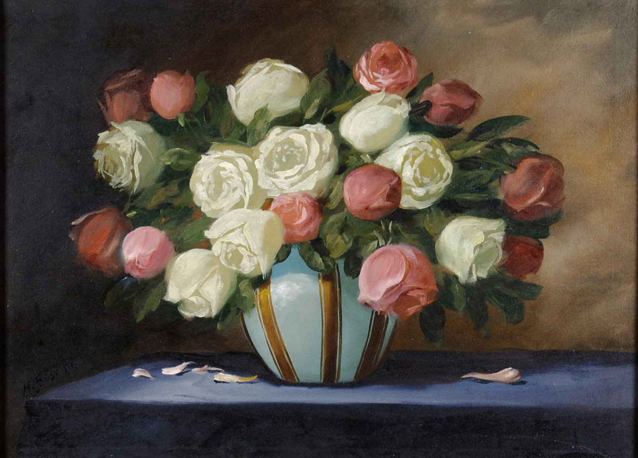 Roze en Witte Rozen in een Blauwe Vaas door English School