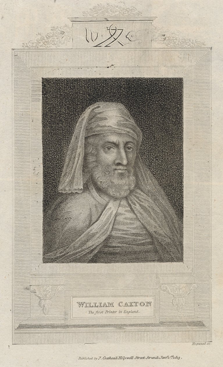 Portret van William Caxton (c.1422-91) en zijn drukkerijmerk door English School