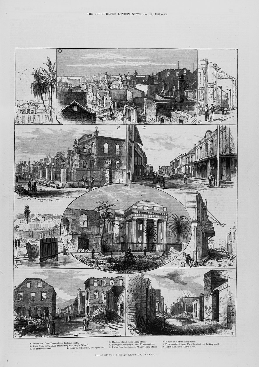 Ruïnes van de Brand in Kingston, Jamaica, uit 
