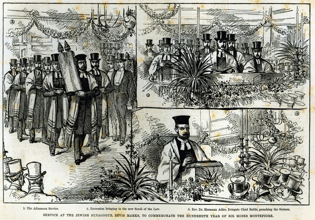 Dienst in de Joodse synagoge, Bevis Marks, ter herdenking van het honderdste jaar van Sir Moses Montefiore, uit 