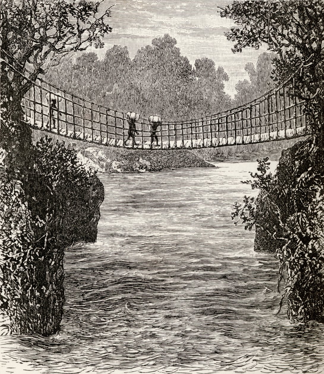Hangbrug over de Ituri-rivier, Congo, 1890 (houtsnede) door English School