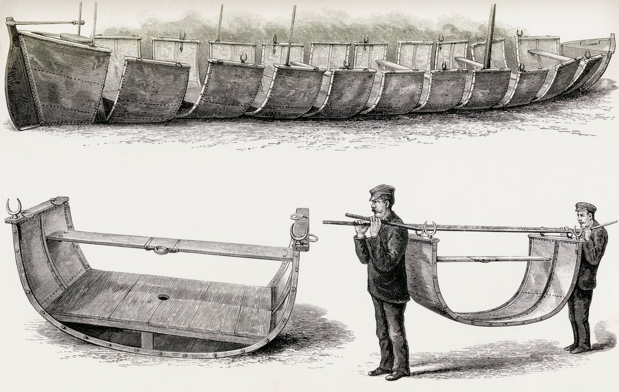 De 28-voet stalen boot Advance, ontworpen om over land te worden vervoerd, 1890 door English School