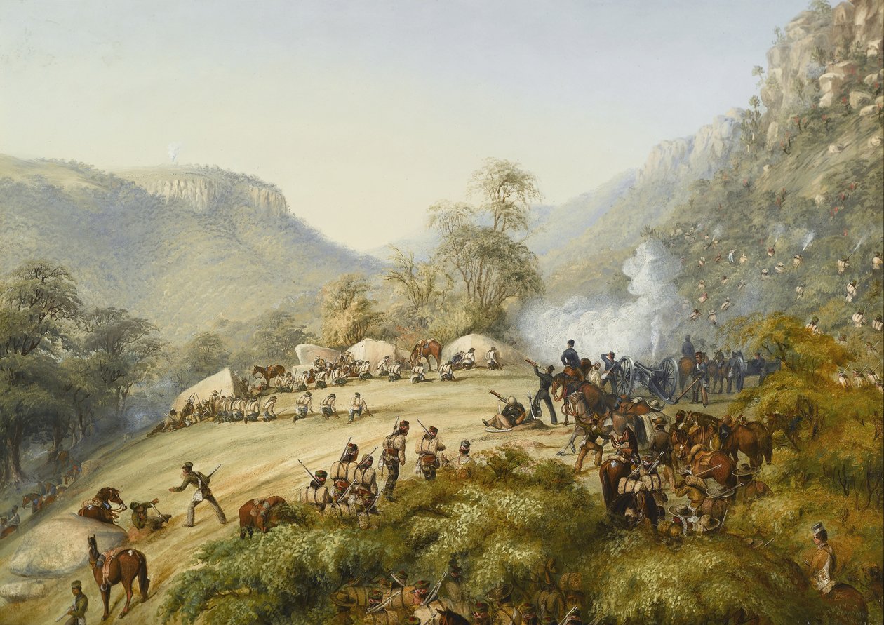 Het 74e Regiment in een gevecht op de hoogten boven Waterkloof, 1851 door English School