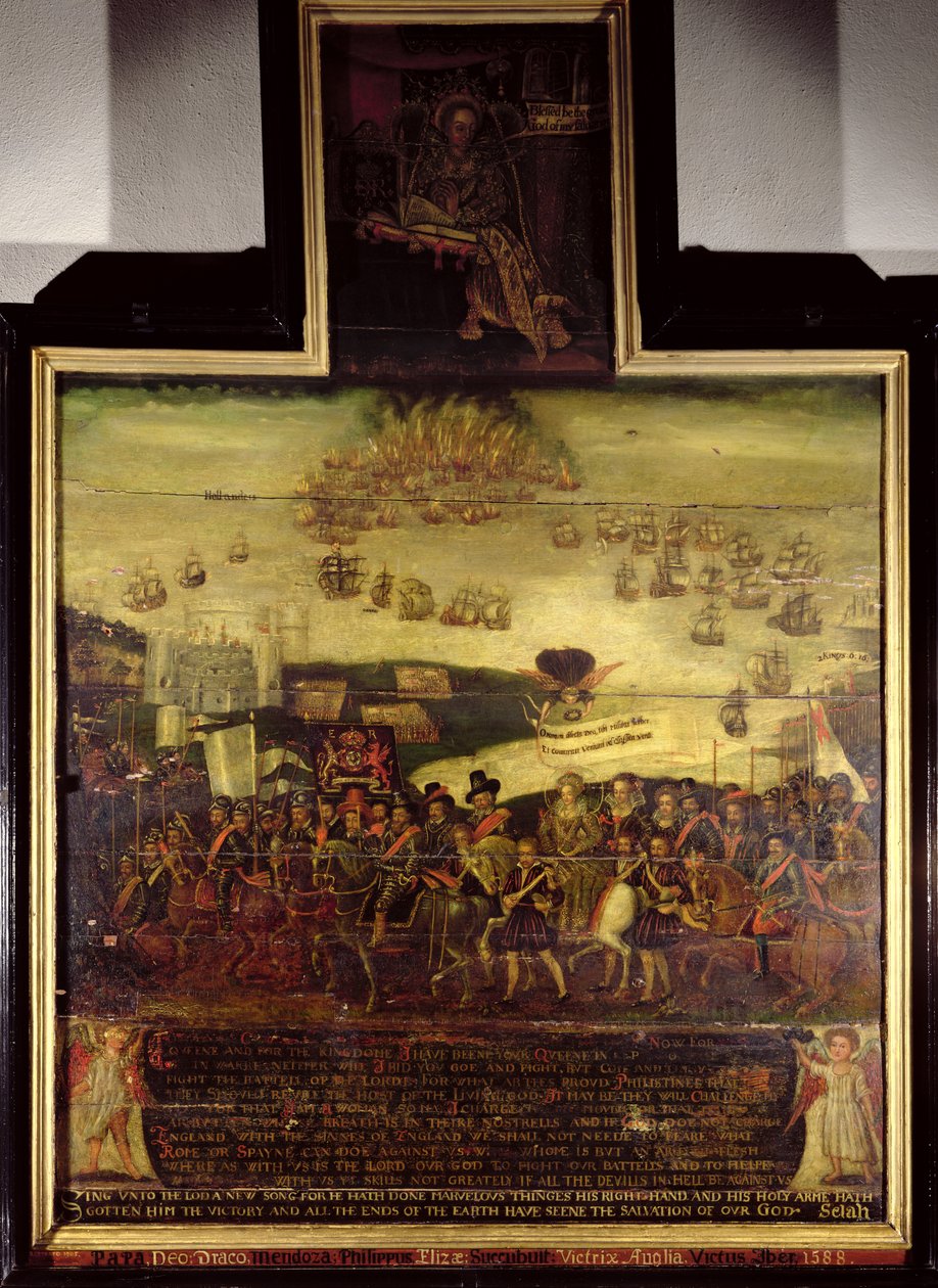 De aankomst van koningin Elizabeth I in Tilbury; en de nederlaag van de Spaanse Armada, linker paneel door English School