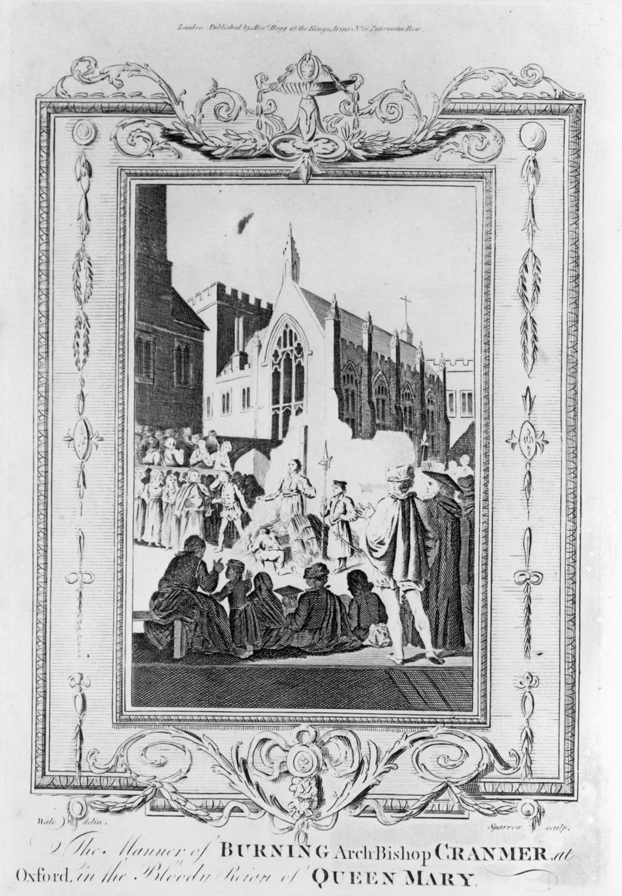 De Verbranding van Aartsbisschop Thomas Cranmer (1489-1556) in Oxford tijdens het Bloedige Regeer van Koningin Mary (1516-58), gegraveerd door Thomas Sparrow (1765-84) door English School